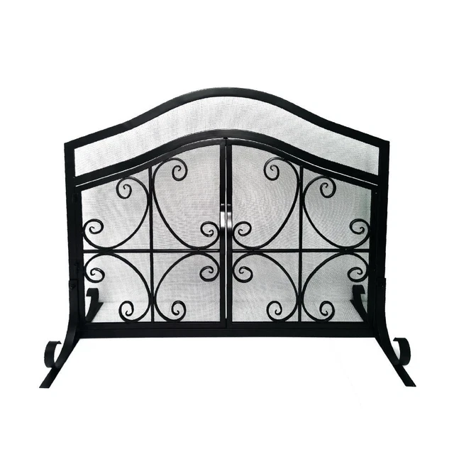 43 Inches 2 Door Iron Fireplace Screen; Mesh Design; Scrollwork; Black