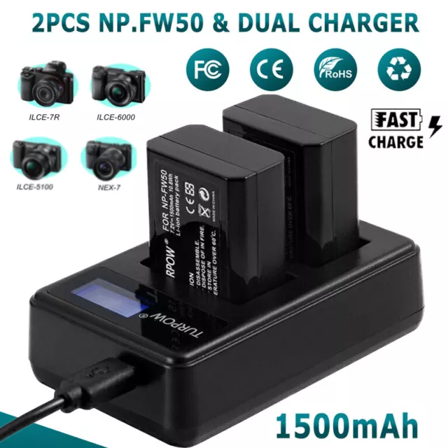 2× NP-FW50 Battery For Sony A7R2 A3000 A5000 a6300 NEX-3 NEX-7 C3 + Dual Charger