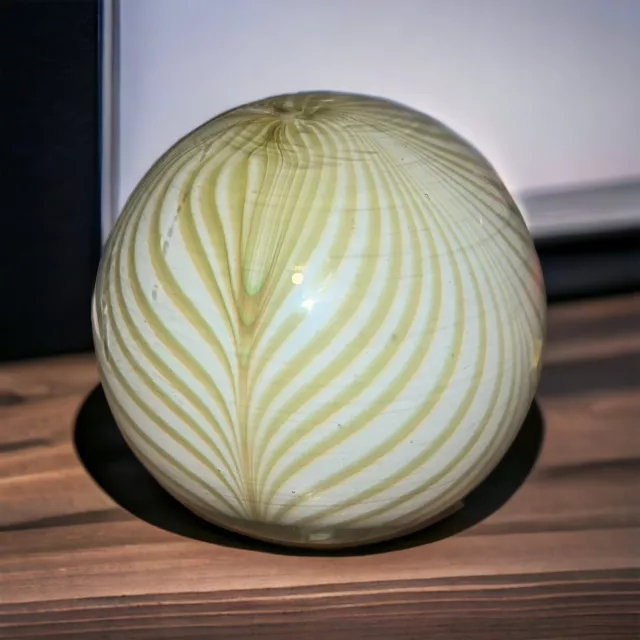 Bohemian Glass Paperweight Studio Large Green White Orange Swirl Vintage 5"
