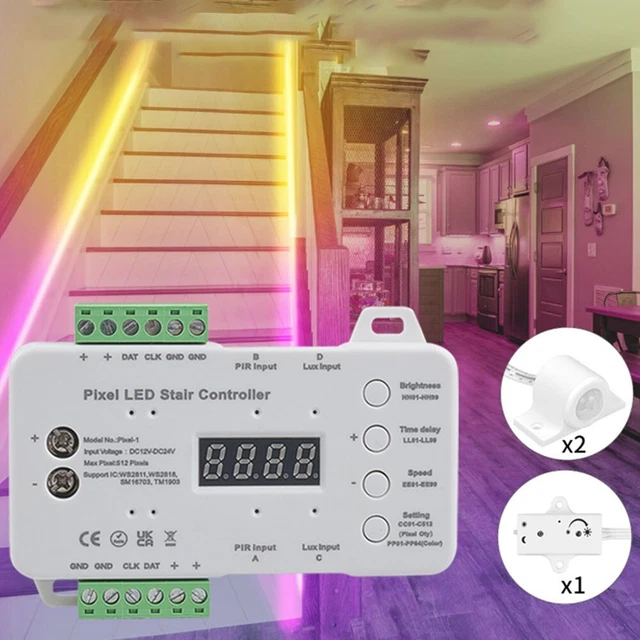 Contrôleur LED D'escalier Avec Détecteur De Mouvement Et Capteur De Lumière - Compatible Bandes Pixel WS2811, WS2818 - Alimentation 12-24V DC - 512 Pixels Max