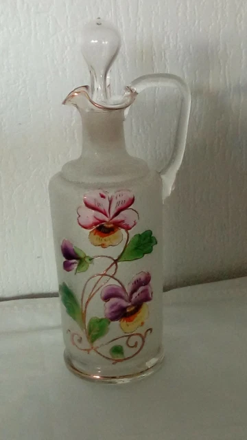 Aiguiere Carafe En Verre Emaille Decor Aux Pensees Montjoire Legras Fin 19 Eme**