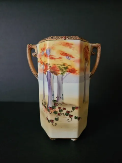 Nippon Hand Painted Moriage Hexagon Footed Vase w/ Morimura Stamp