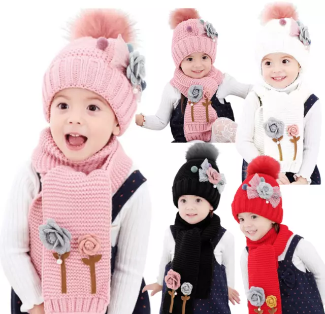 Girls Chunky Knit Pom Pom Hat and Long Scarf Set Bobble Beanie Fleece Hat 2-6Yrs