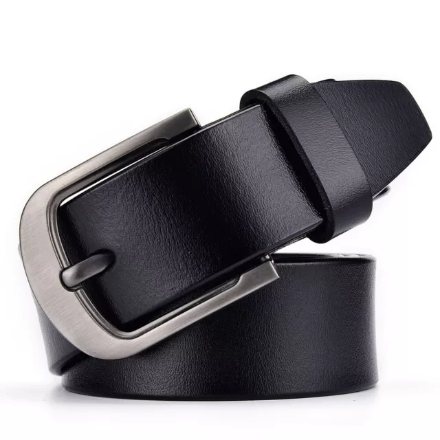 Mens Genuine Leather Belt Belts Real New Buckle For Trouser Jeans Black Brown UK 2