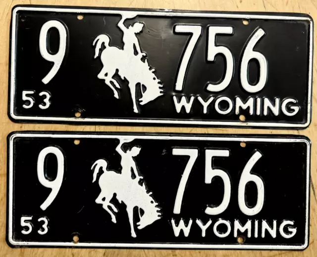 1953 Wyoming Passenger Pair License Plate Plates " 9 756 " Bronco All Original