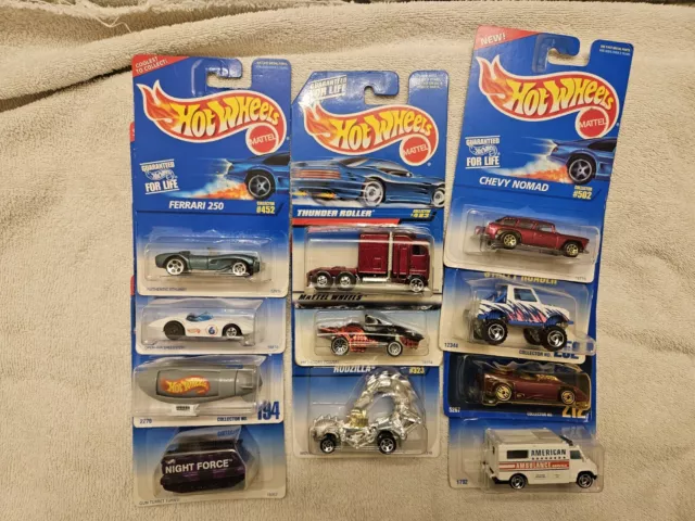 Hot Wheels Blue Card Collector Number Packs.  11car lot. Thunder Roller, Ferrari