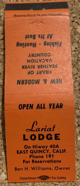 1940s 50s Lariat Lodge Hotel Motel East Quincy California Matchbook Cover