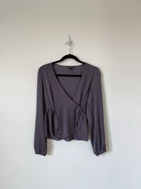 Topshop Womens Size 4 Purple Satin Wrap Peplum Top Blouse Long Sleeve