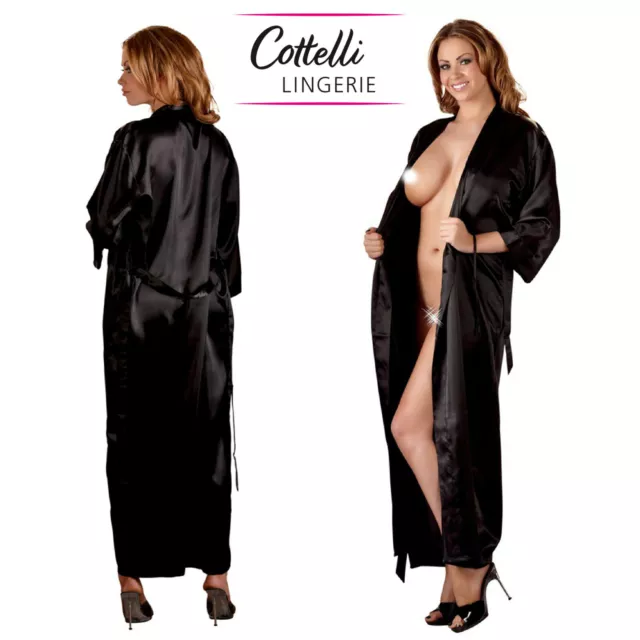 Cottelli Collection Lingerie Sexy Hot Long Black Satin Kimono Satinato Vestaglia