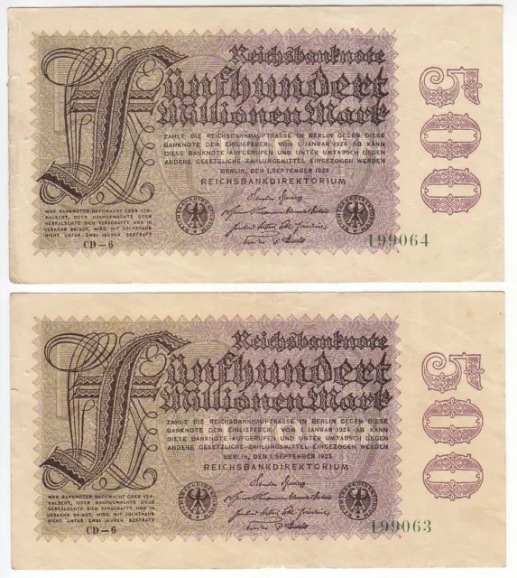 Reichsbanknoten 2x 500 Millionen Mark, aufeinanderfolgende Seriennr.   Ros. 109d