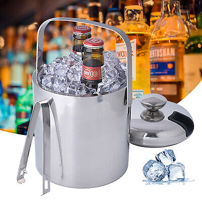 1300ML Ice Bucket + Tong & Lid Insulated Double Walled Stainless Steel Cooler US