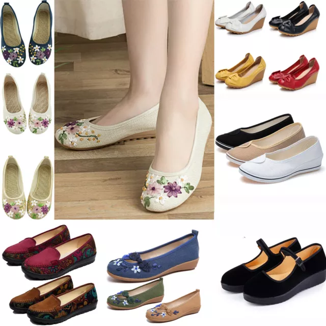 Women Lady Cotton Flat Ballet Chinese Embroidered Floral Loafer Flats Soft Shoes