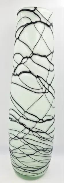 Art Glass Hand Blown  Applied Threading Abstract Black and White Vase 12”