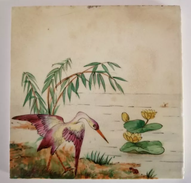 Vintage Antique Artist Tile Asian Art Pottery Ceramic Hand Painted Tropical Bird