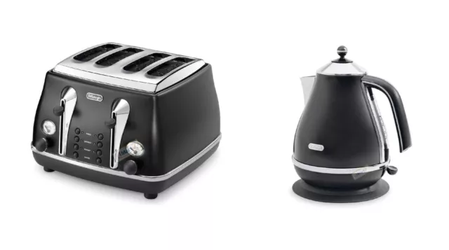 Delonghi Icona Classic Black 1.7L Kettle + 4 Slice Toaster New
