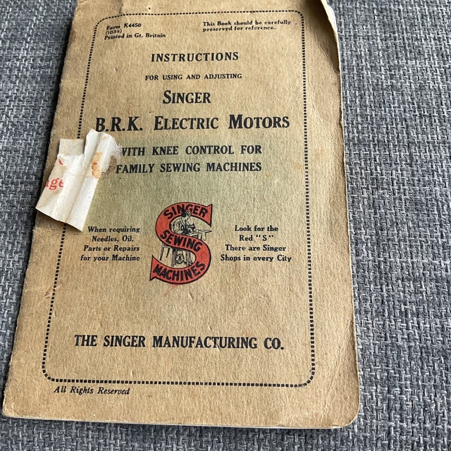 VINTAGE INSTRUCTIONS BOOK for Singer B.R.K Electric Motors Sewing
