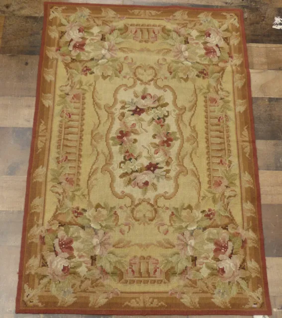 2'x3' French floral Antique wash Aubusson chic hand knotted wool Needlepoint rug