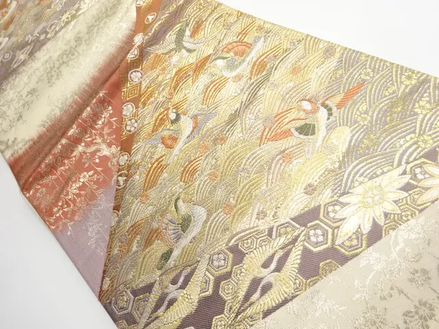 5925370: Japanese Kimono / Vintage Fukuro Obi / Gold Foil / Woven Mandarin Ducks