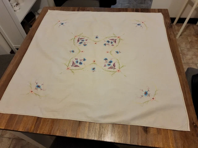 Vintage Cotton Linen Crochet Embroidery Handmade Beige Floral Tablecloth