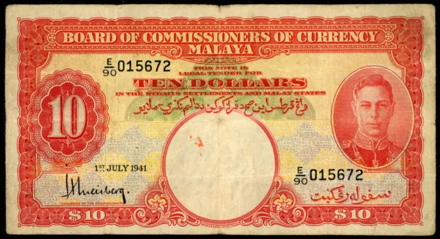 1941 Malaya Straits Settlements 10 Ten Dollars King George VI FREE COMBINED POST
