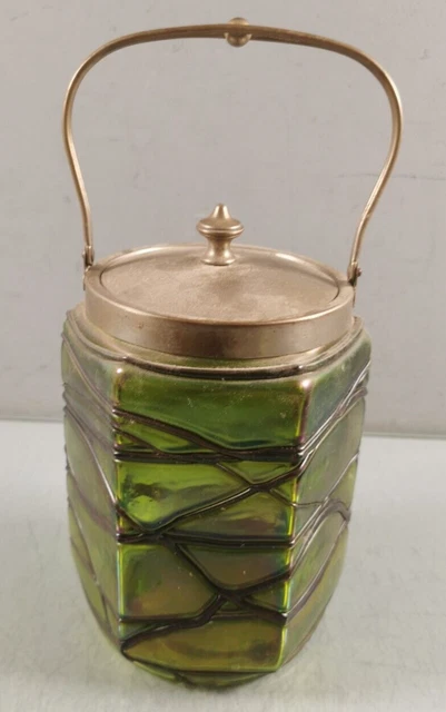 POT a BISCUIT en Verre Metal argente Couleur Verte ART NOUVEAU Seau Rangements W