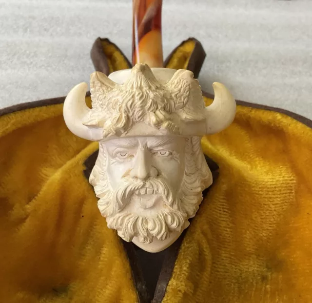 VTG VIKING Block  Meerschaum Hand Carved Signed Falcon Figurative Pipe W/ Case.