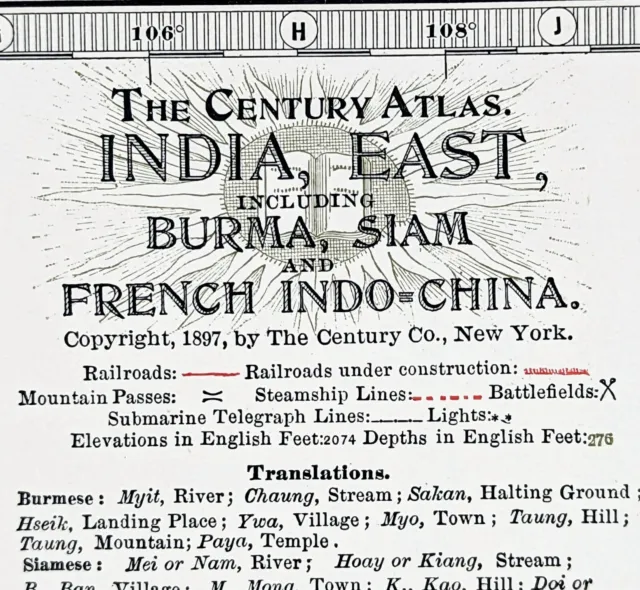 1897 Southeast Asia Map ORIGINAL Vietnam Thailand Burma Cambodia STEAMSHIP ROUTE