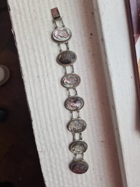 Rare Joli Petit bracelet ancien en argent 800 et camées en nacre d'enfant 18 cm