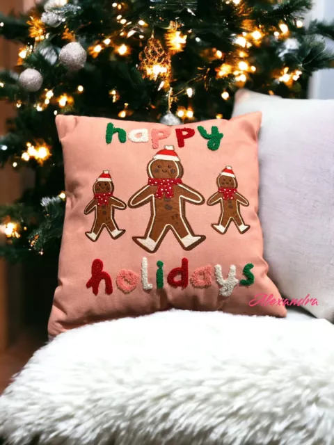 16"×16" Reversible 'Happy Holidays' Gingerbread Square Christmas Throw Pillow