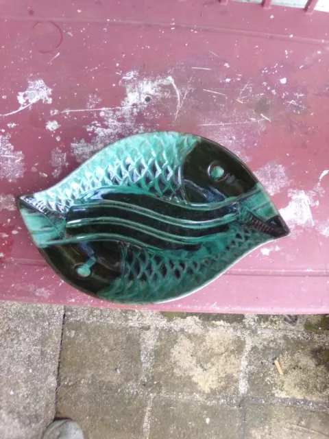 BMP 13" Fish serving dish Teal/Black ceramic Blue Mountain Pottery Canada 13x8"