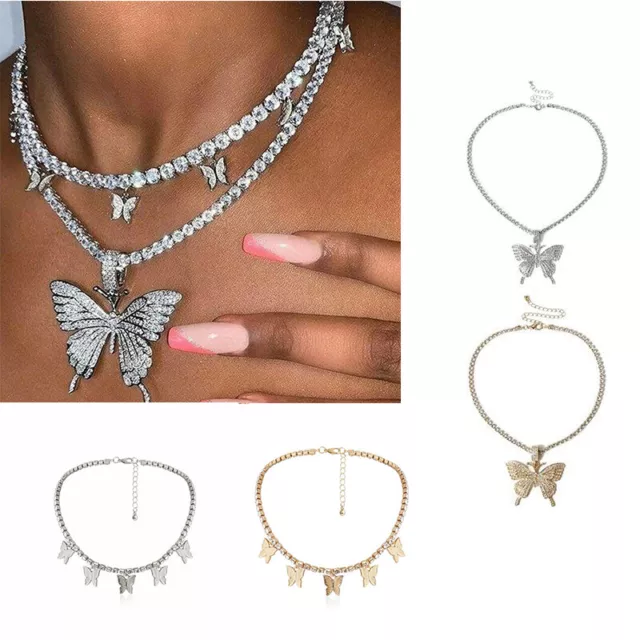 Fashion Butterfly Pendant Necklace Rhinestone Chain Women Bling Crystal Choker