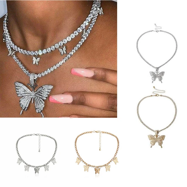 Fashion Butterfly Pendant Necklace Rhinestone Chain Women Bling Crystal Choker