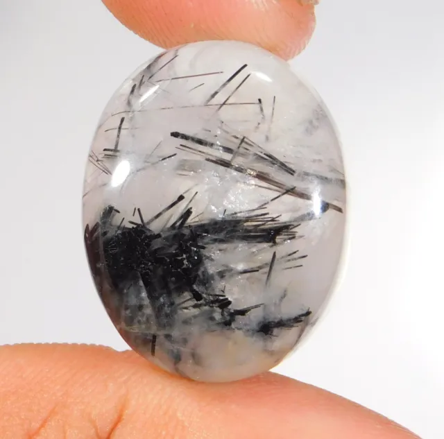 38 CT Haut Naturel Translucide Noir Rutile Quartz Ovale Cabochon Gemme Cf =3 53