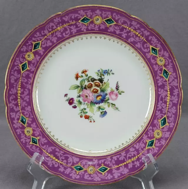 Old Paris Hand Painted Floral Purple Scrollwork Jewel Border 8 1/2 Inch Plate A