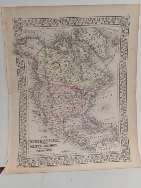 1873 Mitchell's Map Of North America  Political Divisions Authentic Hand-colored