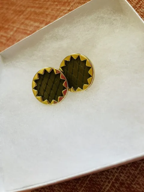 House of Harlow 1960 Green Leather Starburst Button Earrings Sunburst Gold