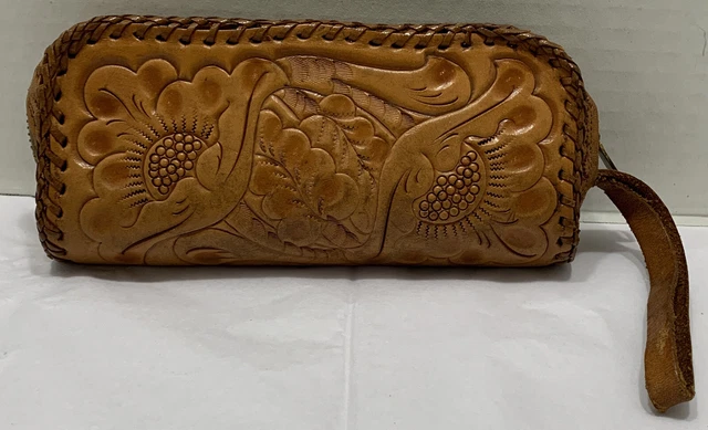 Vtg Southwestern Tooled Leather Wristlet Purse Cliftons Palomino Brown 7x3.5”