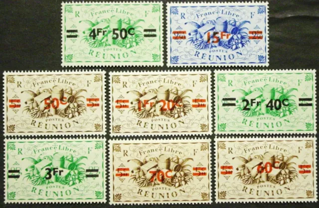 French Reunion, 1945 Scott 240-247, Stamps of 1943 Overloaded, 8 Stamps, MNH