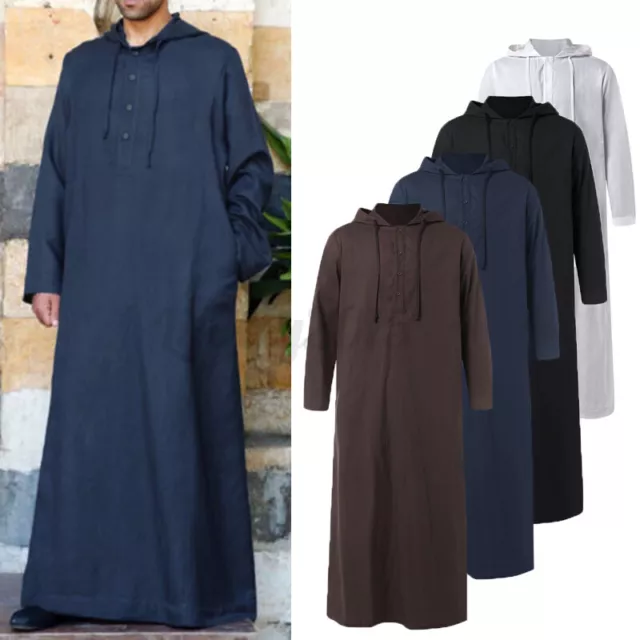 Mens Saudi Jubba Dishdasha Muslim Long Sleeve Hooded Kaftan Long Maxi Thobe Tops