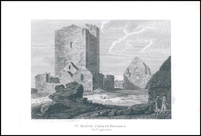 1797 Antique Engraving IRELAND View ST MARY'S CHURCH THURLES Co.Tipperary (IG95)