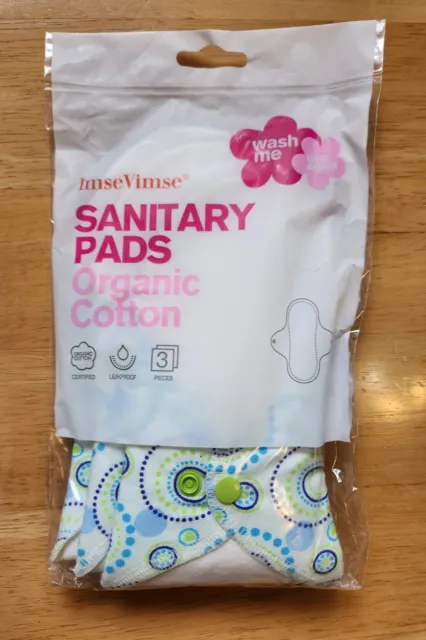 NUEVO~Almohadillas sanitarias menstruales reutilizables de algodón orgánico Imse Vimse ~ Paquete de 3~Regulares