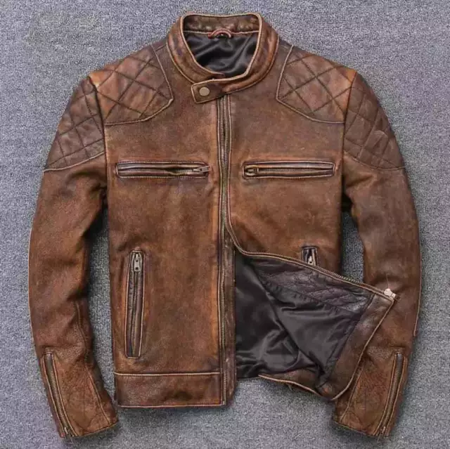 Distressed Brown Vintage Cafe Racer Men’s Biker Motorcycle Real Leather Jacket