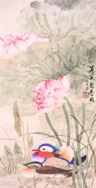 100% HANDPAINTED ASIAN FINE ART CHINESE FAMOUS WATERCOLOR PAINTING-Mandarin duck