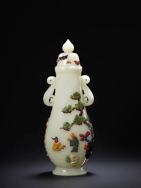 Chinese Exquisite Handmade Inlaid Carving Hetian Jade Bottle Statue