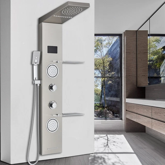 LED RAINFALL SHOWER Panel Tower System Massage Jet W/Shelf Stainless