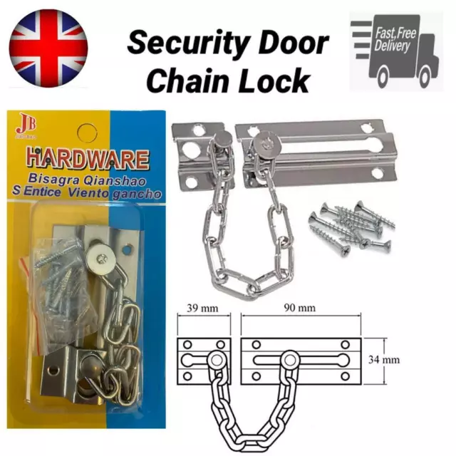 Heavy Duty Door Security Safety Chain Chrome Guard Lock Chain+Catch With Screws