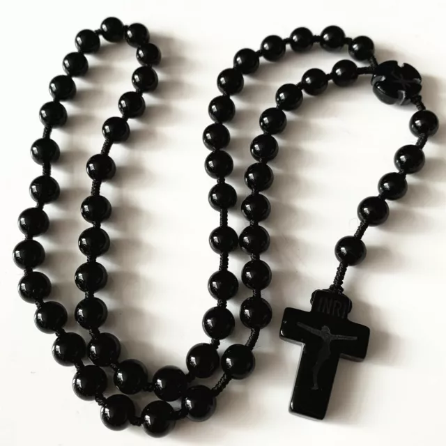 BLACK Natural Carnelian Agate Rosary Bead Necklace Cross CRUCIFIX CATHOLIC