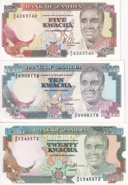 Zambia Set 3 UNC 5 10 20 Kwacha 1986-1989 P 30 31 32