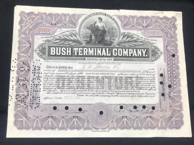 Bush Terminal Company 1926  Stock Certificate  w/ stamps  J.W. Sparks Co owner