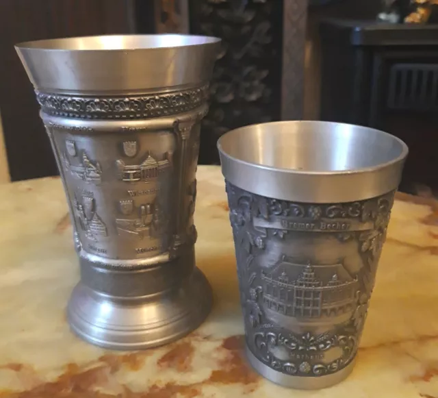 2 Vintage Zinn Pewter  Raised Panel German Scene Cups